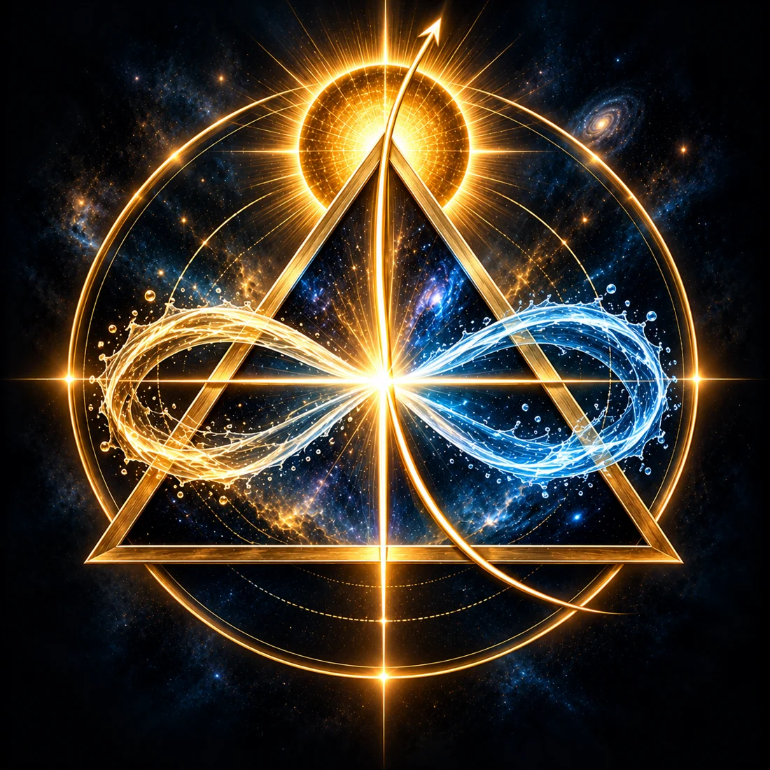 Gold triangle with a luminous central intersection and intertwined blue-and-gold infinity waves